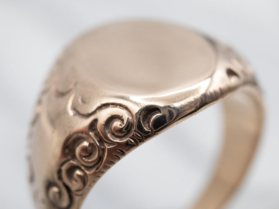 Antique Rose Gold Signet Ring with Scrolling Shoulders