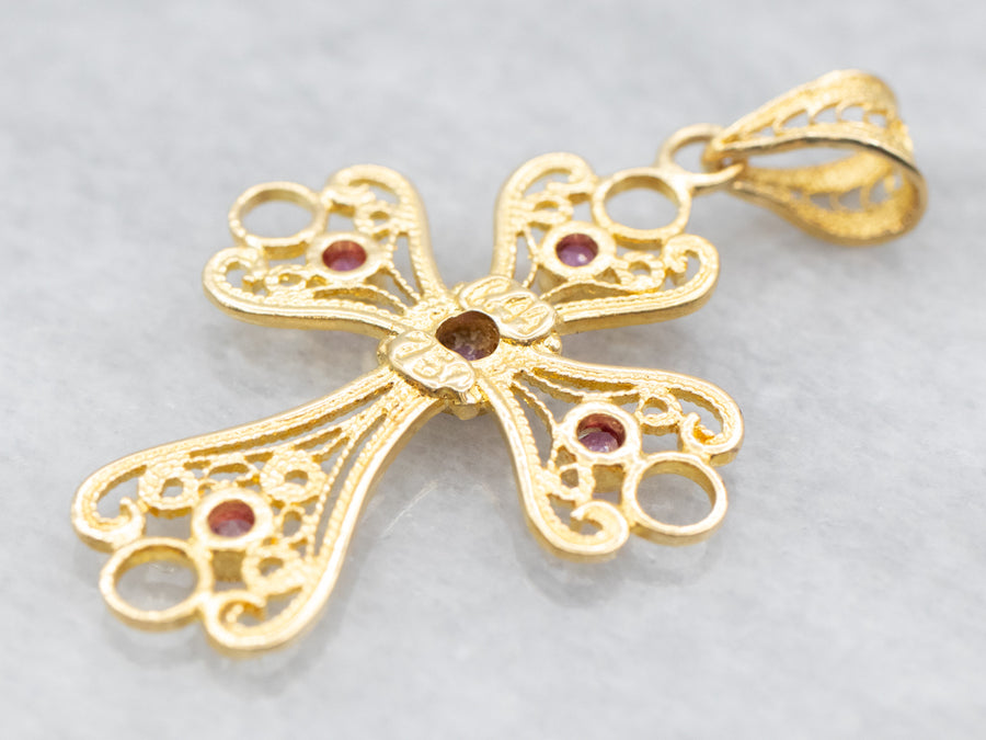 Yellow Gold Filigree Cross Pendant with Ruby Accents