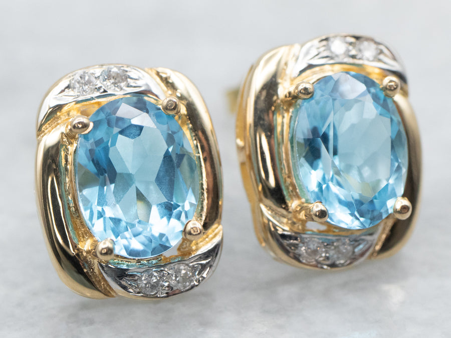 Blue Topaz Stud Earrings with Diamond Accents