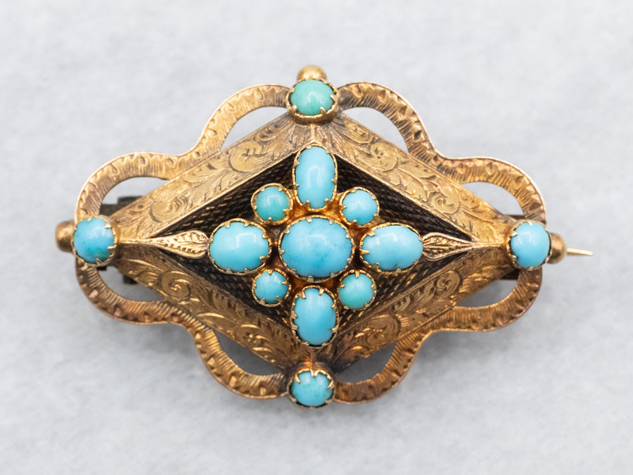 Yellow Gold Turquoise Brooch with Etched Botanical Details