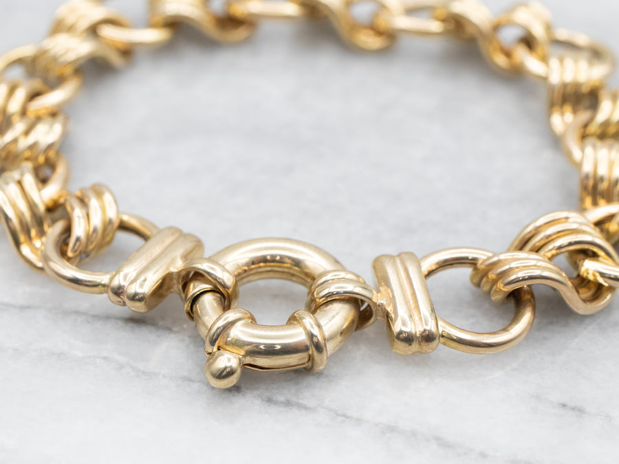 Yellow Gold Twisted and Round Link Bracelet with Large Spring Ring Clasp