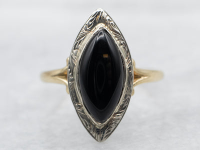 Scrolling Two Tone Gold Marquise Black Onyx Ring