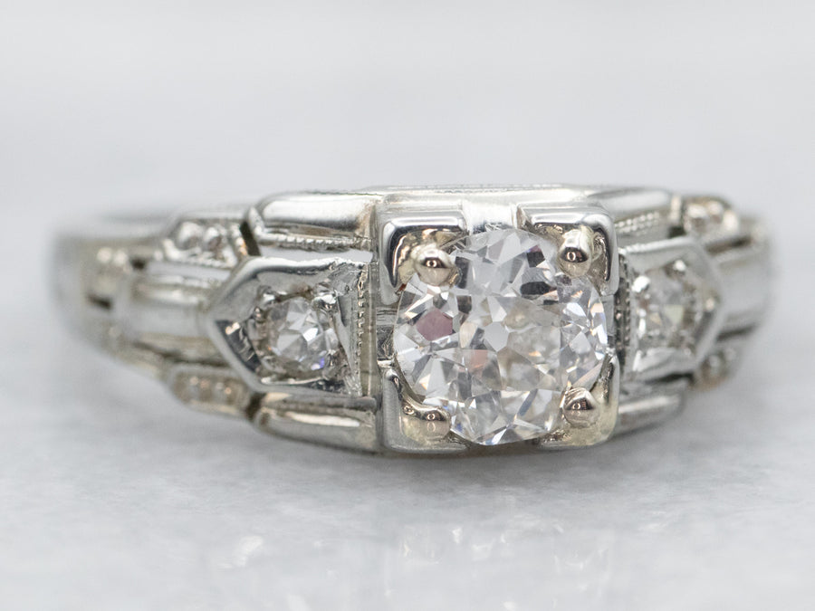 White Gold Art Deco Diamond Engagement Ring with Diamond Accents
