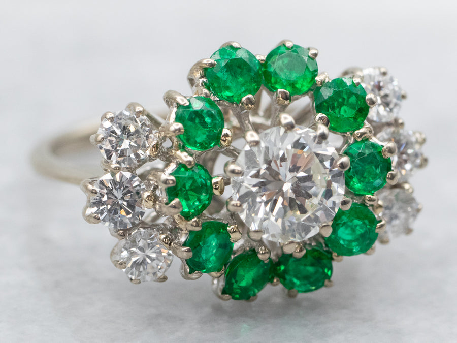 Modern Diamond and Emerald Halo Engagement Ring