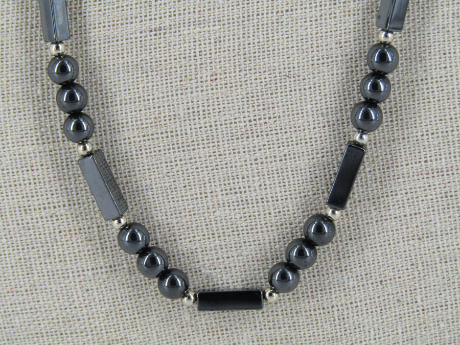 Round And Rectangular Hematite Beaded Necklace