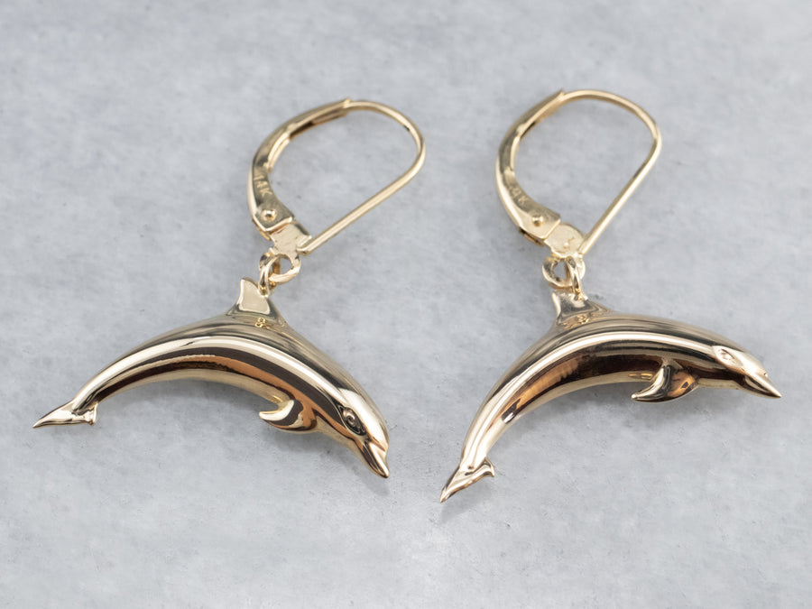 14K Gold Dolphin Drop Earrings