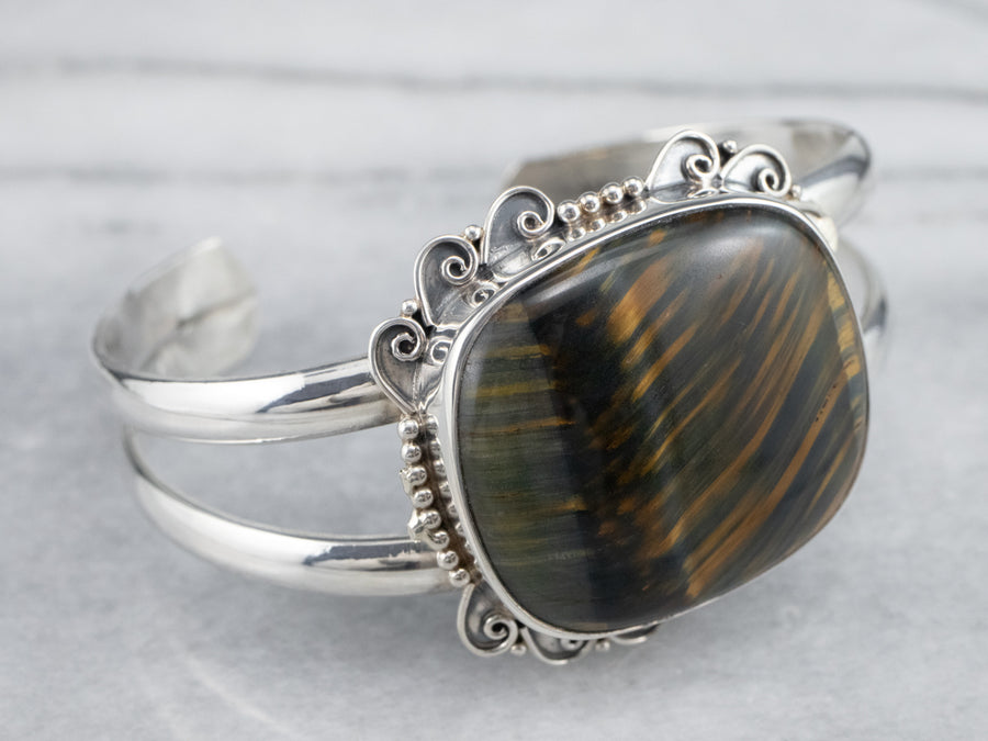 Sterling Silver Ornate Tigers Eye Cuff Bracelet