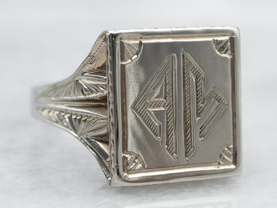 White Gold Art Deco "AM" Monogrammed Signet Ring