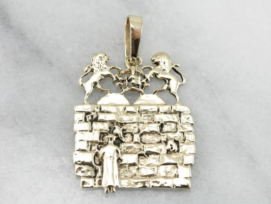 Wailing Wall Memento, Vintage Religious Medal, Vintage Gold Judaica Pendant