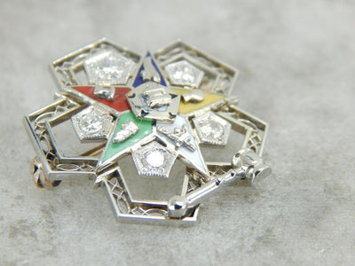 Vintage Art Deco Era Diamond Eastern Star Brooch with Engraved Back