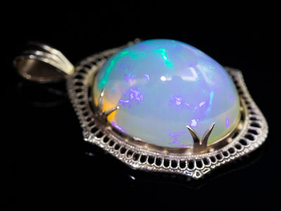 Ethiopian Opal and Filigree White Gold Pendant of Incredible Quality
