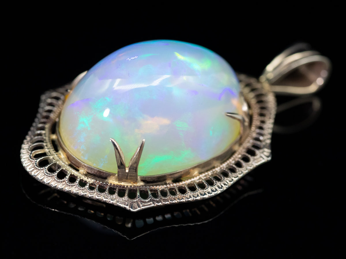 Ethiopian Opal and Filigree White Gold Pendant of Incredible Quality