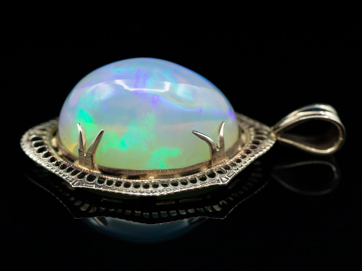Ethiopian Opal and Filigree White Gold Pendant of Incredible Quality