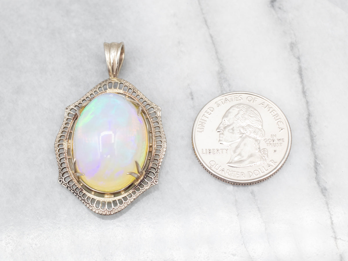 Ethiopian Opal and Filigree White Gold Pendant of Incredible Quality
