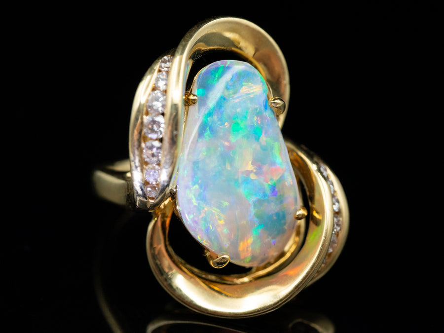 Modernist 18-Karat Gold Opal and Diamond Ring