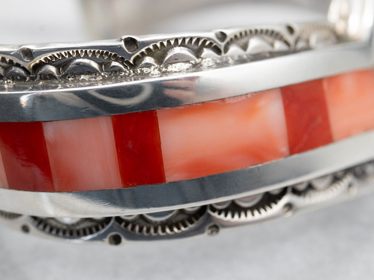 Sterling Silver Zuni Made Coral and Spiny Oyster Cuff Bracelet
