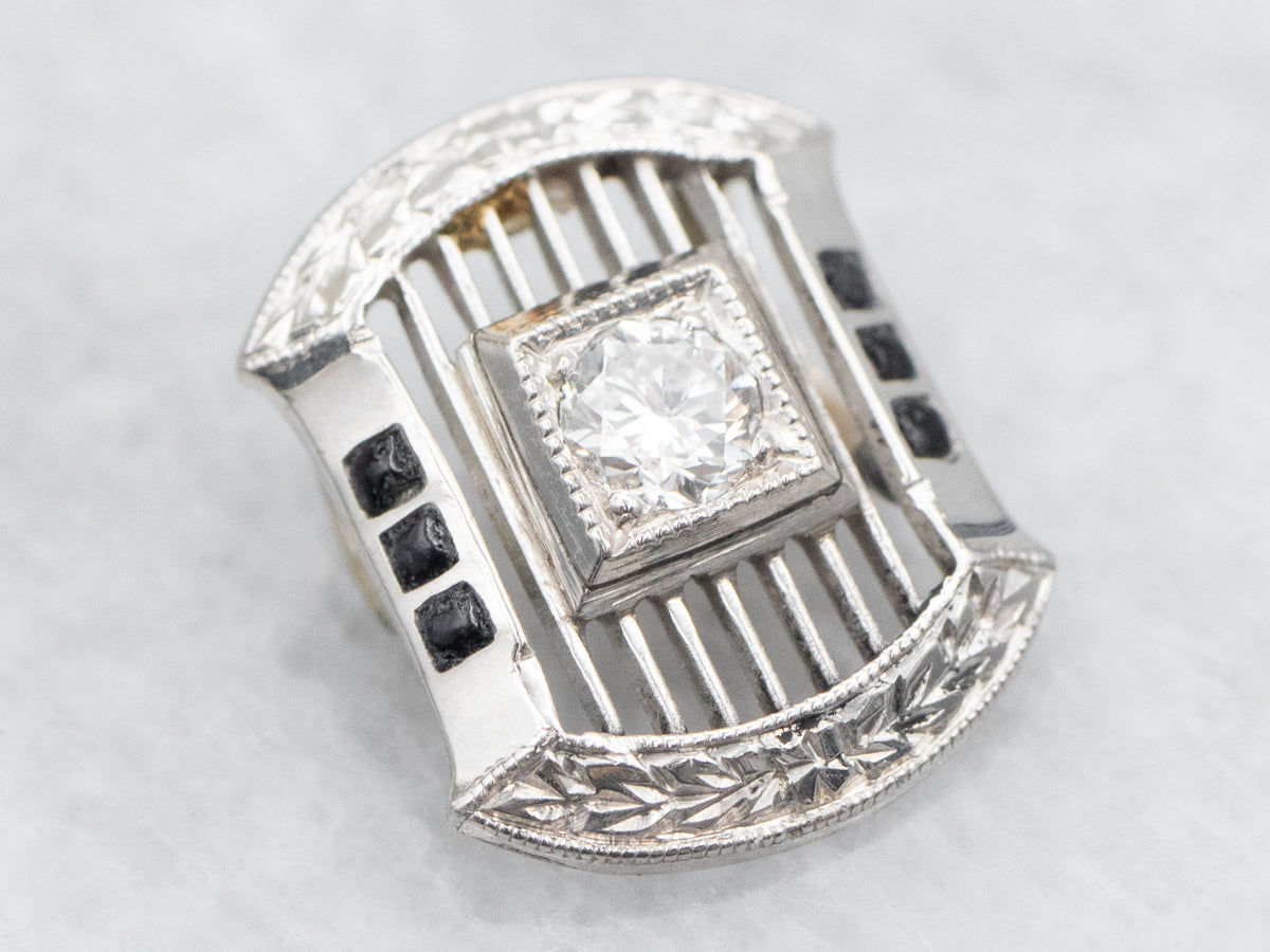 Art Deco Platinum Diamond Pendant with Black Enamel Details