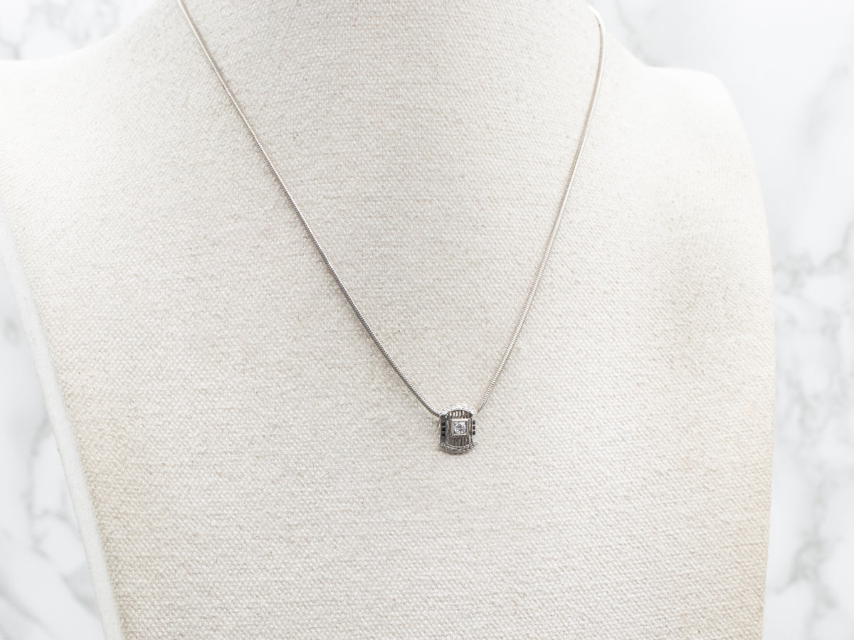 Art Deco Platinum Diamond Pendant with Black Enamel Details