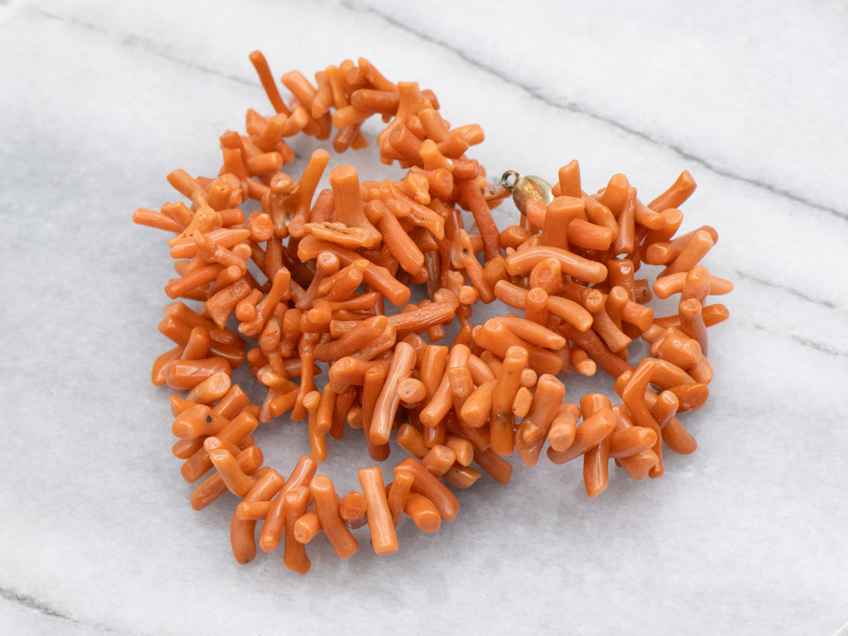 Antique Graduated Branch Coral Bead Necklace with Silver Clasp