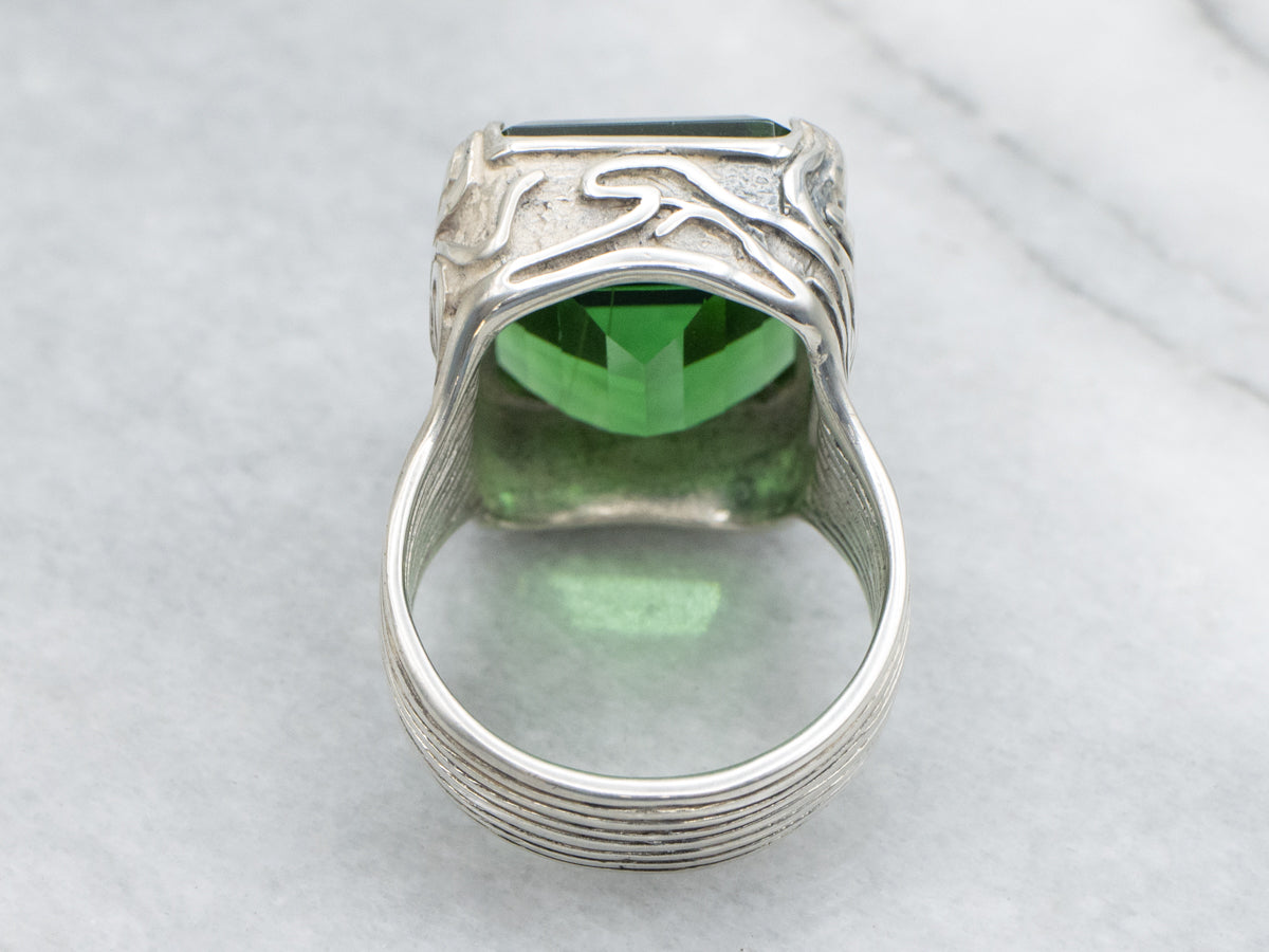 Sterling Silver Chrome Diopside Ring with Line Pattern Shank