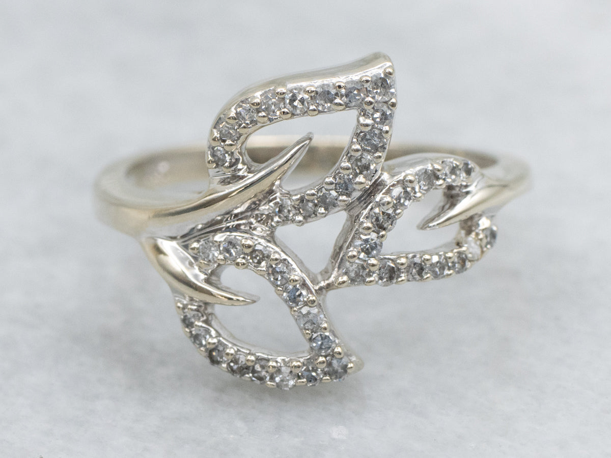 Modern White Gold Diamond-Encrusted Leaf Wrap Ring
