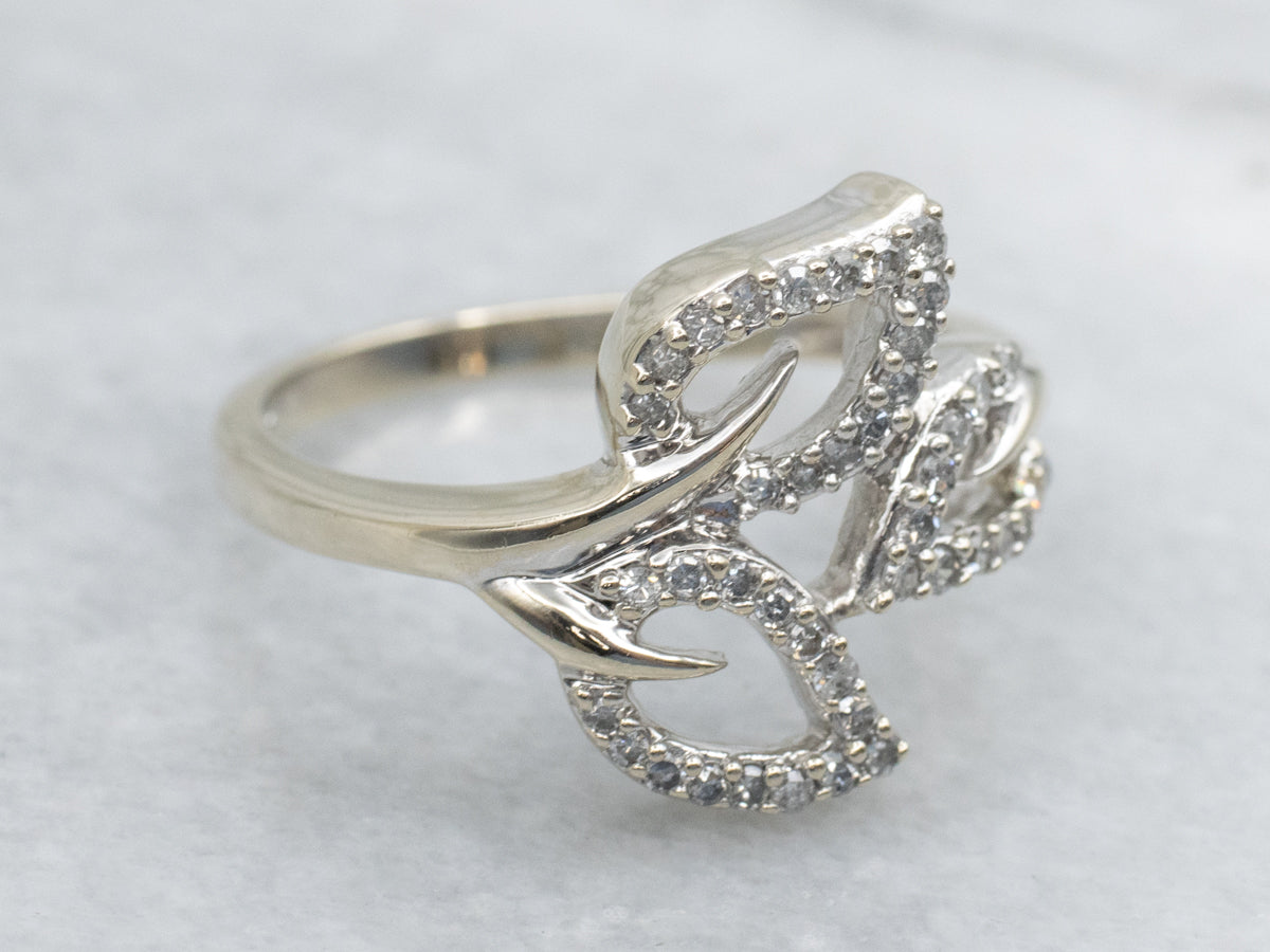 Modern White Gold Diamond-Encrusted Leaf Wrap Ring