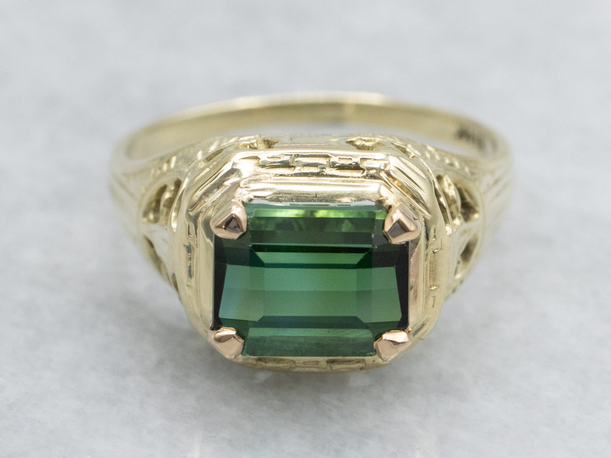 Antique East-to-West Green Tourmaline Gold Filigree Solitaire Ring