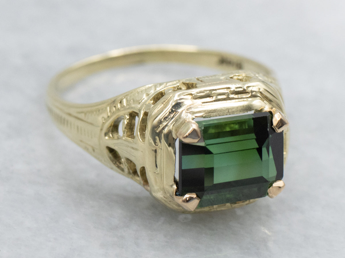 Antique East-to-West Green Tourmaline Gold Filigree Solitaire Ring