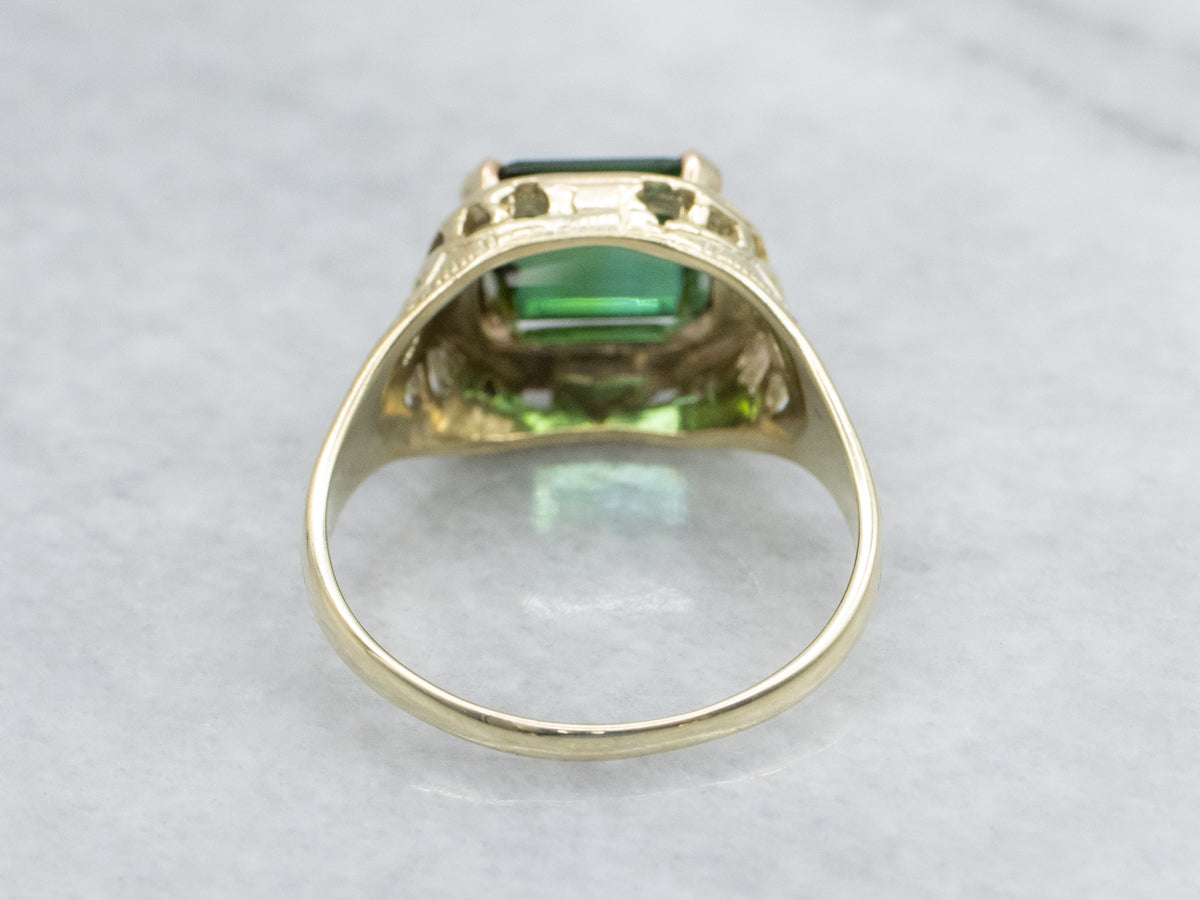 Antique East-to-West Green Tourmaline Gold Filigree Solitaire Ring