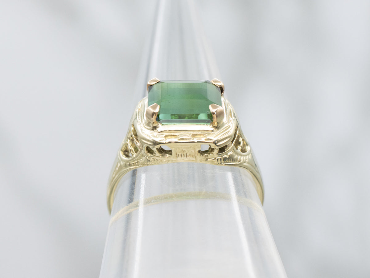 Antique East-to-West Green Tourmaline Gold Filigree Solitaire Ring