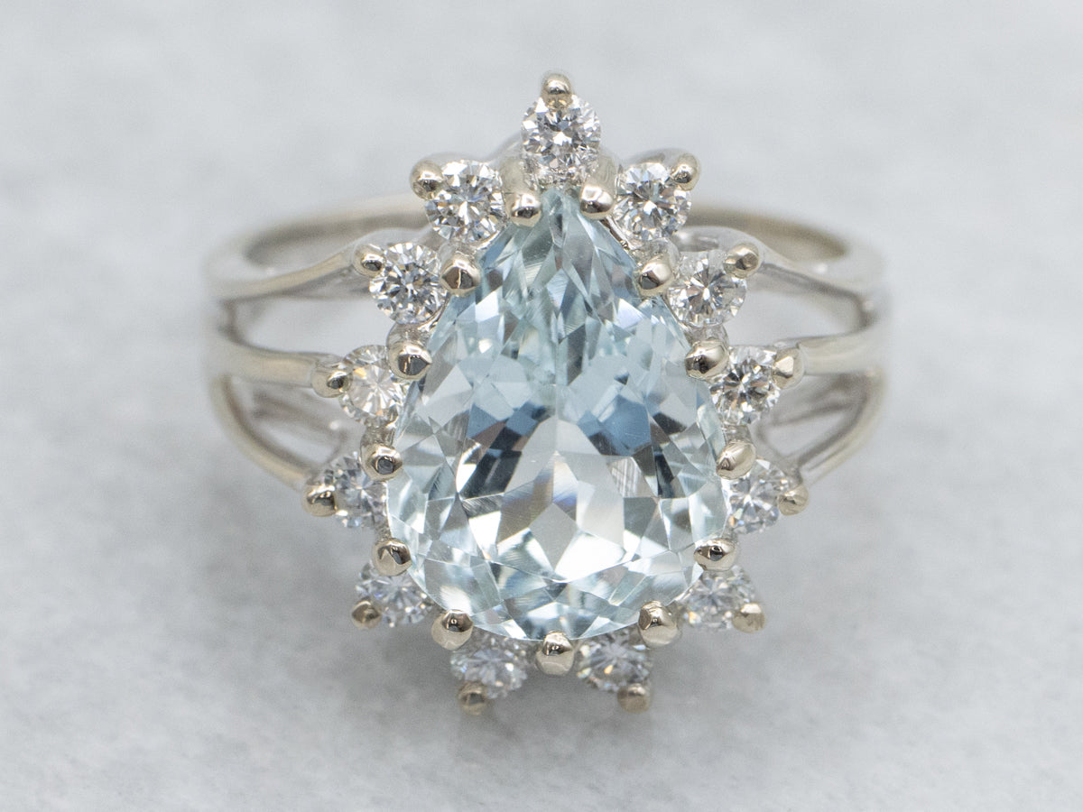 Pear-Cut Aquamarine and Diamond Halo Cocktail Ring