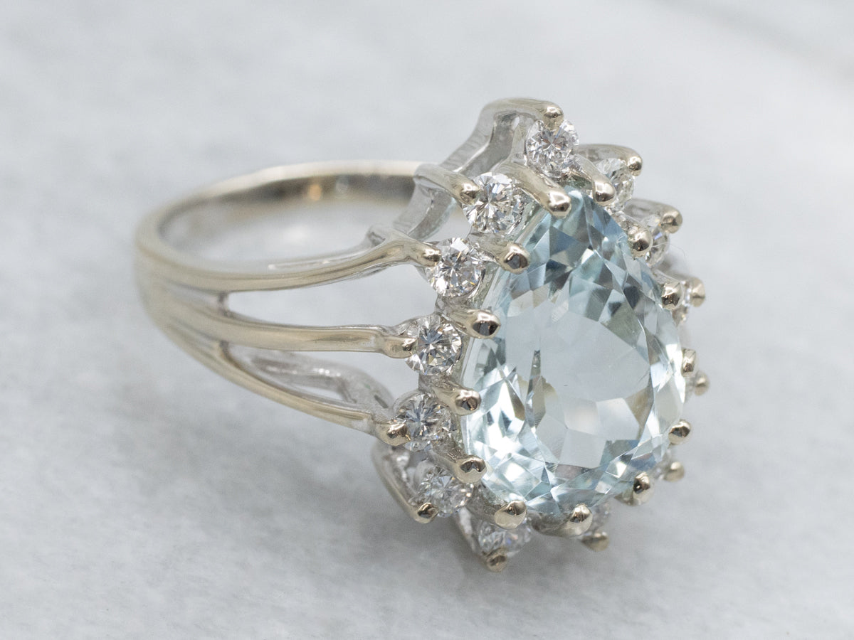 Pear-Cut Aquamarine and Diamond Halo Cocktail Ring