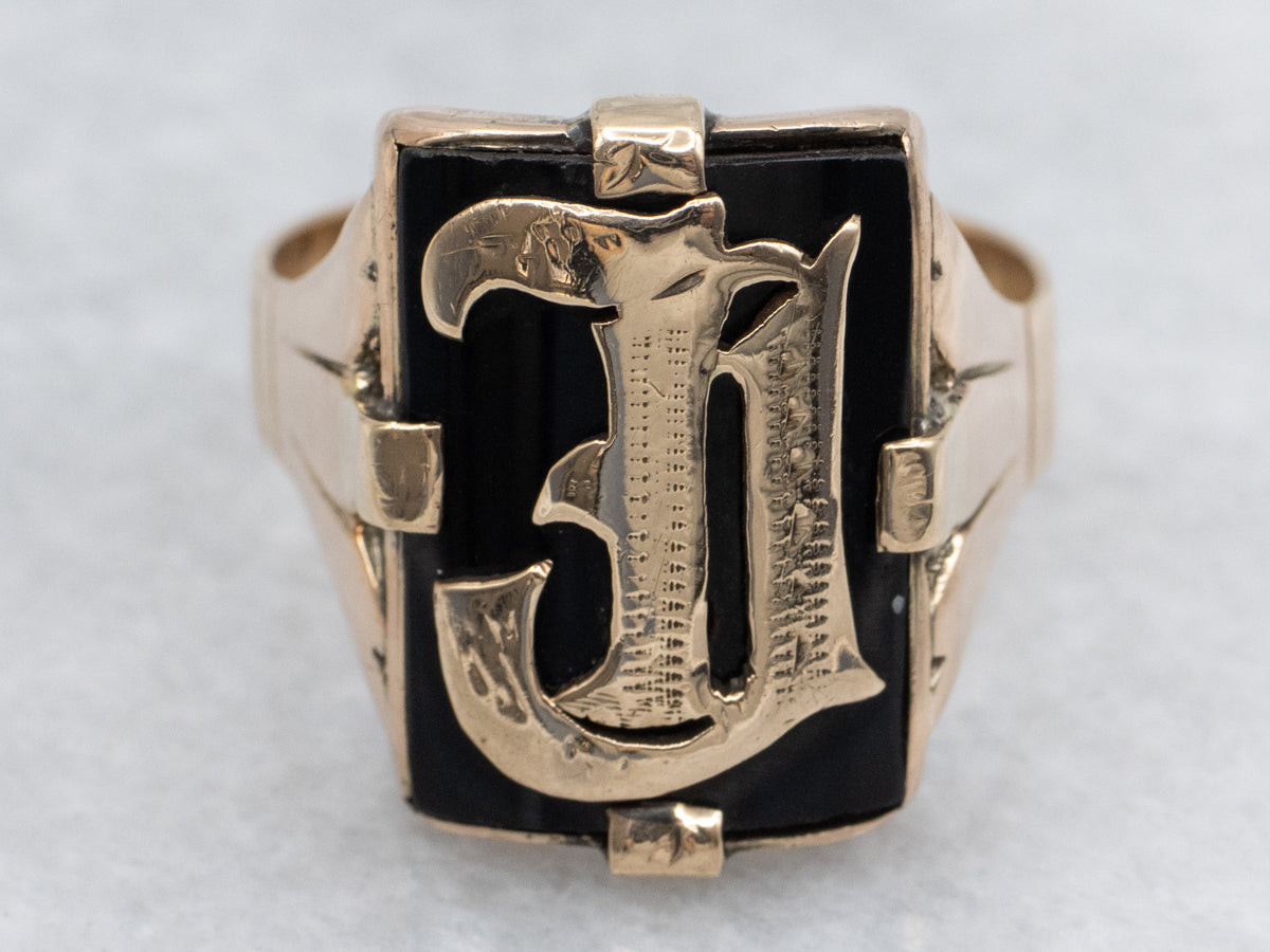 Antique Black Onyx Old English Initial "J" Rose Gold Signet Ring