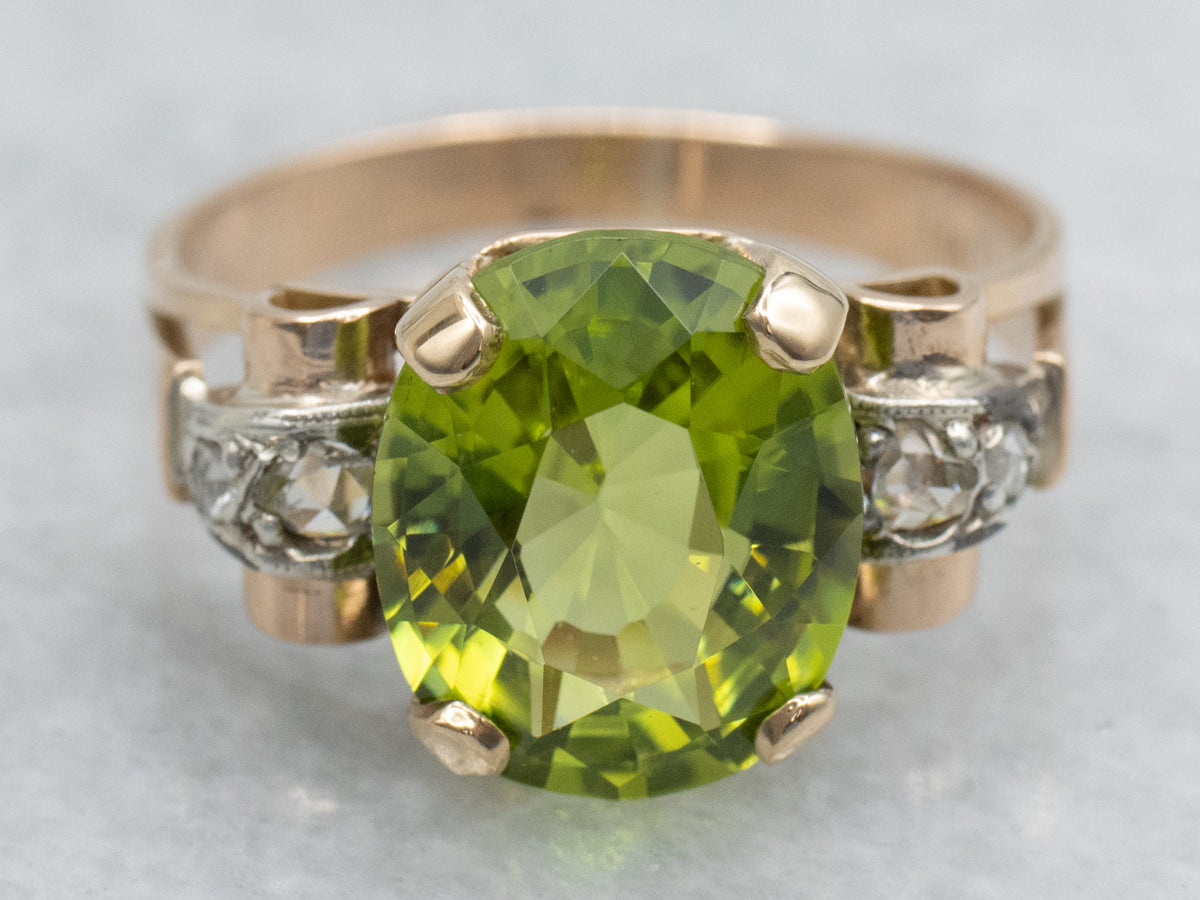Retro 1950s Peridot and Diamond Mixed Metal Cocktail Ring