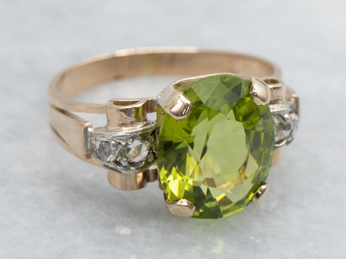 Retro 1950s Peridot and Diamond Mixed Metal Cocktail Ring