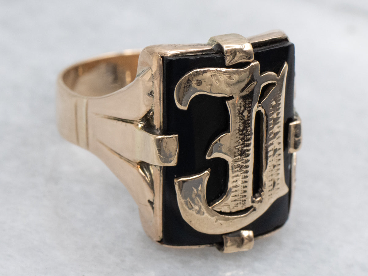 Antique Black Onyx Old English Initial "J" Rose Gold Signet Ring