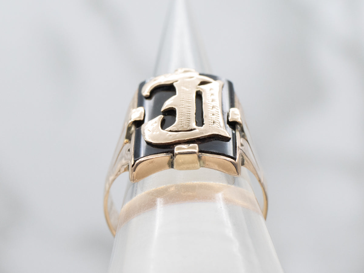 Antique Black Onyx Old English Initial "J" Rose Gold Signet Ring