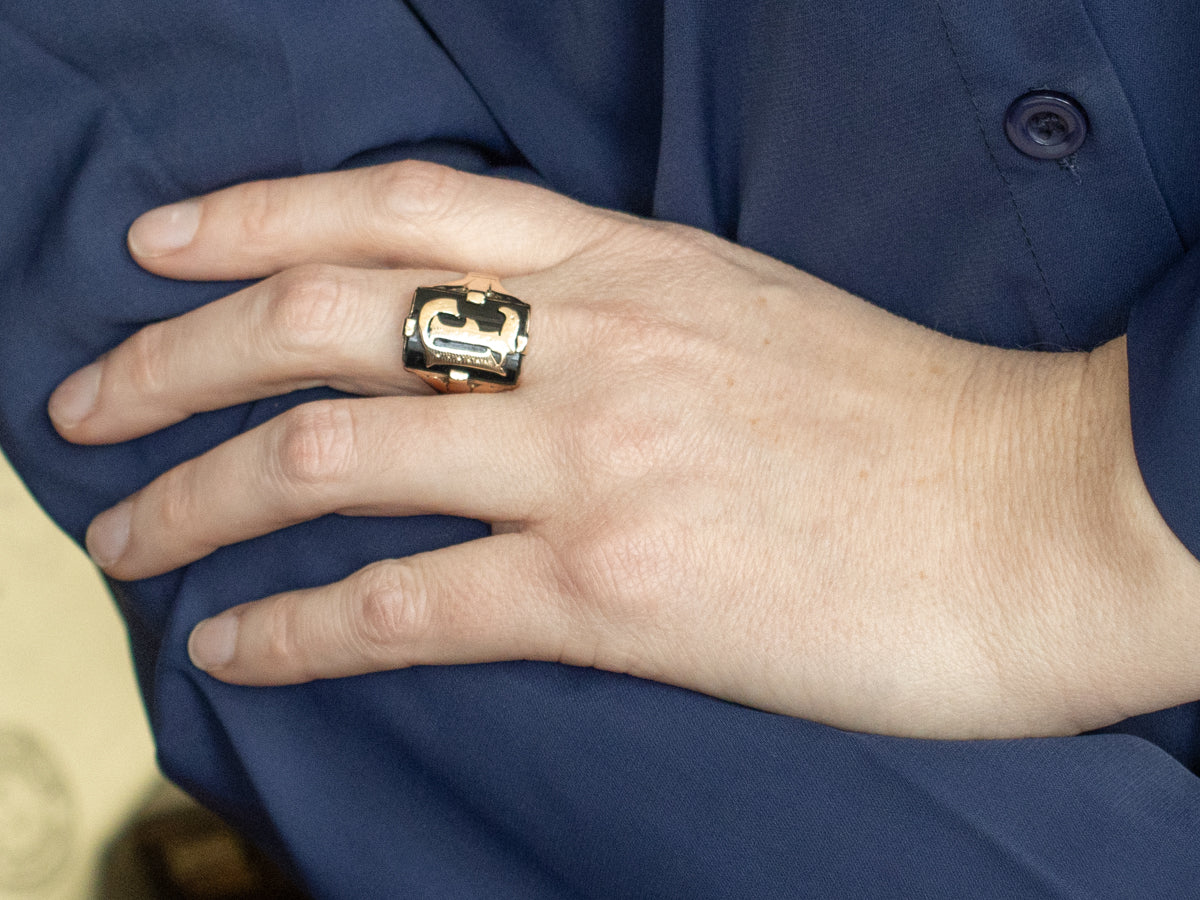 Antique Black Onyx Old English Initial "J" Rose Gold Signet Ring