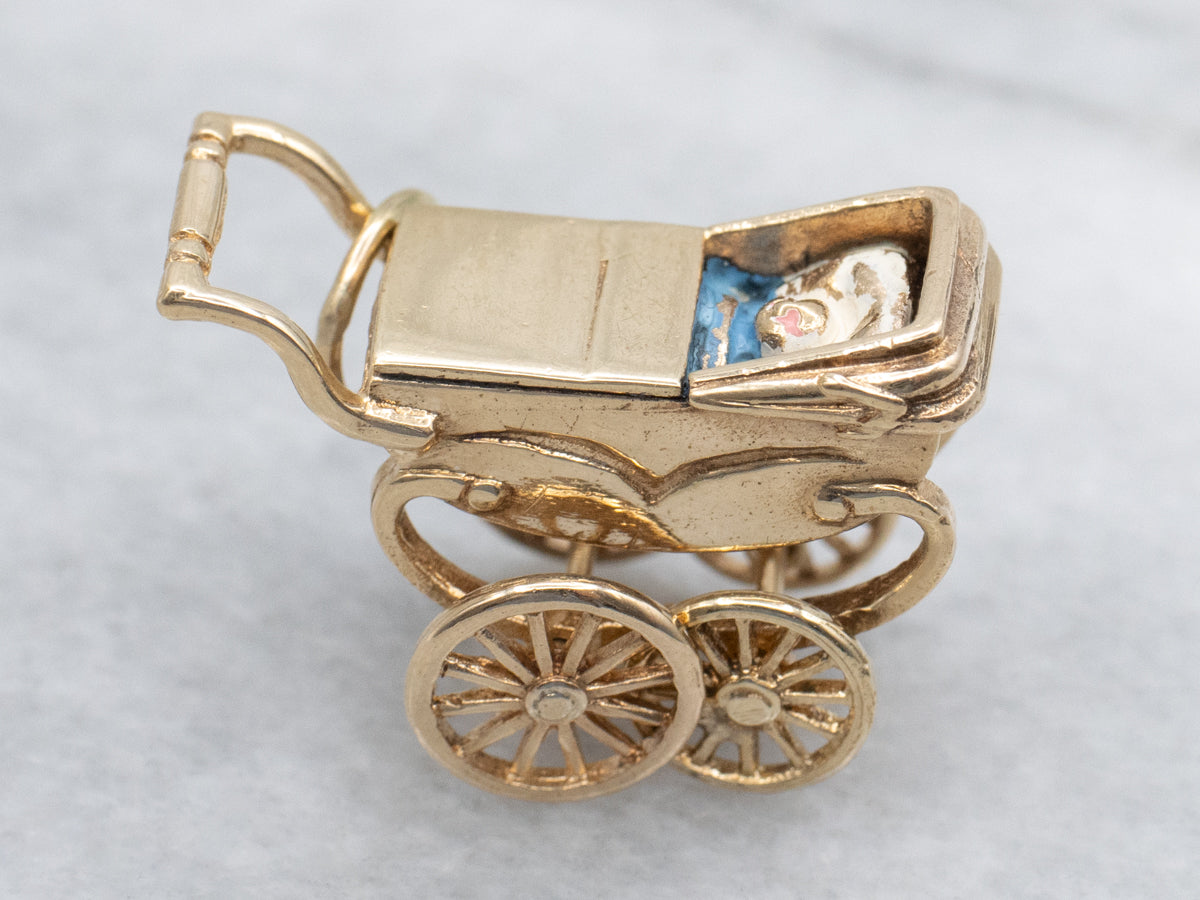 Vintage 1950s Enamel Baby in Carriage Yellow Gold Charm