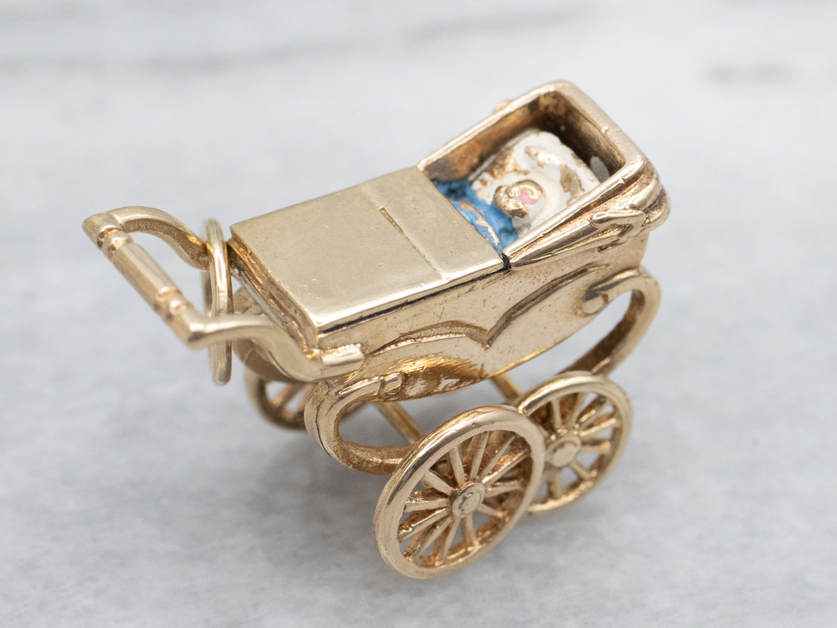 Vintage 1950s Enamel Baby in Carriage Yellow Gold Charm