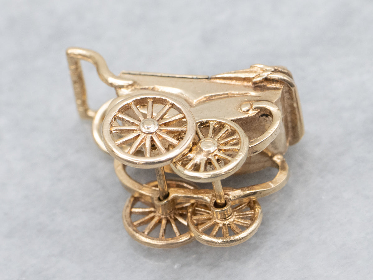 Vintage 1950s Enamel Baby in Carriage Yellow Gold Charm