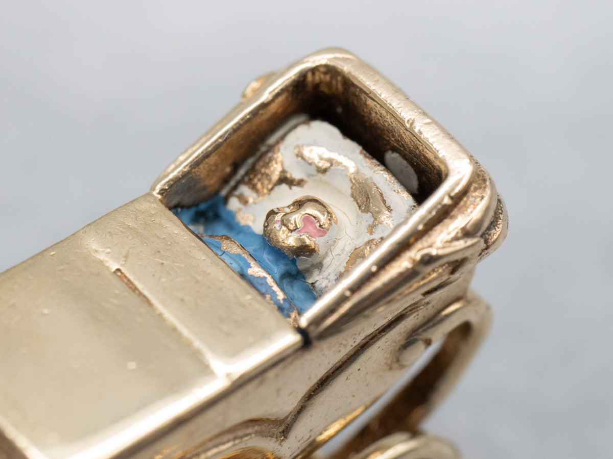 Vintage 1950s Enamel Baby in Carriage Yellow Gold Charm