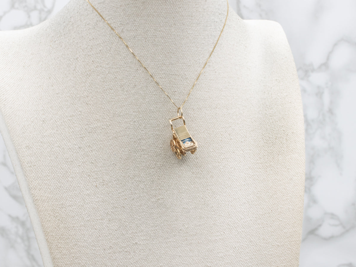 Vintage 1950s Enamel Baby in Carriage Yellow Gold Charm