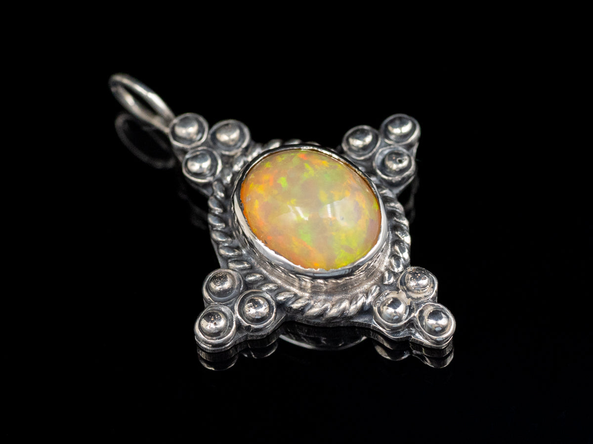 Sterling Silver Opal Pendant with Rope Frame and Dot Details
