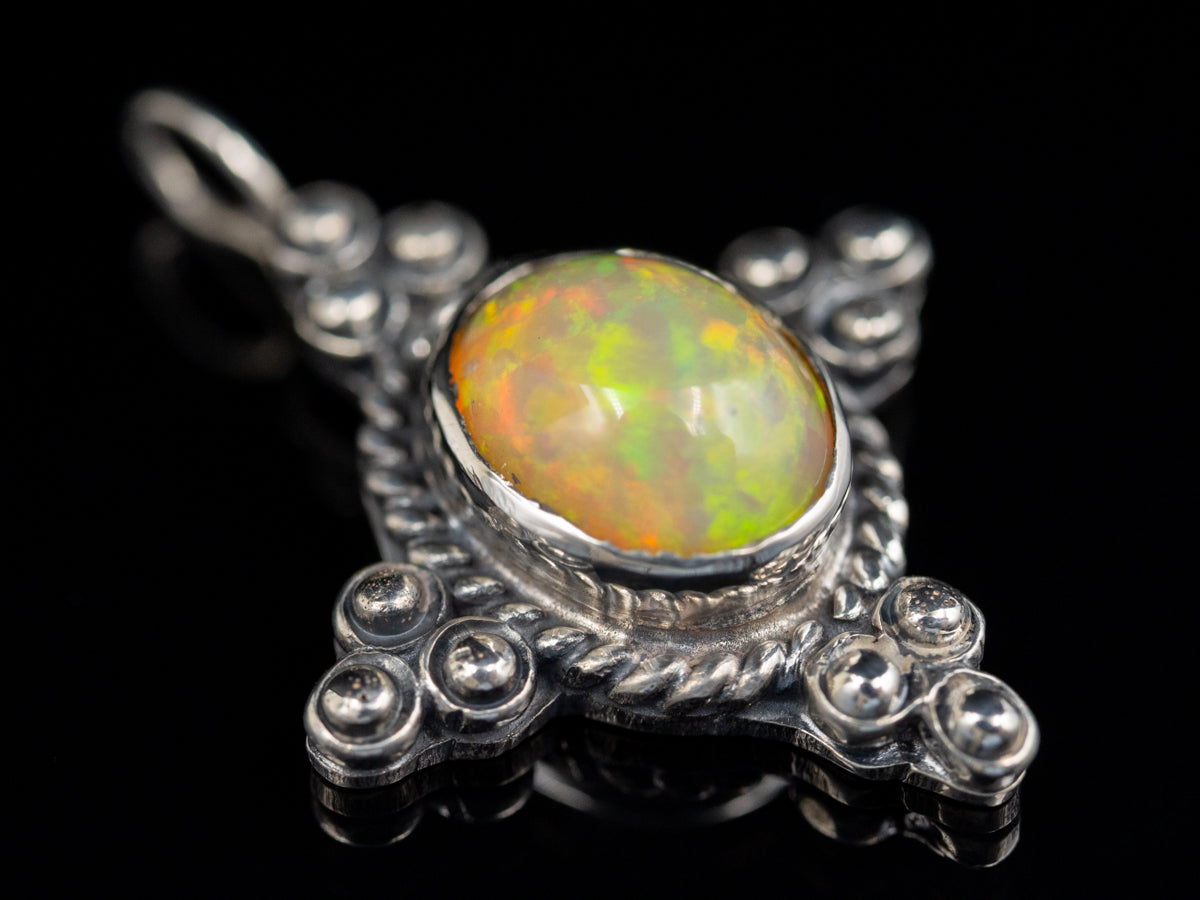 Sterling Silver Opal Pendant with Rope Frame and Dot Details