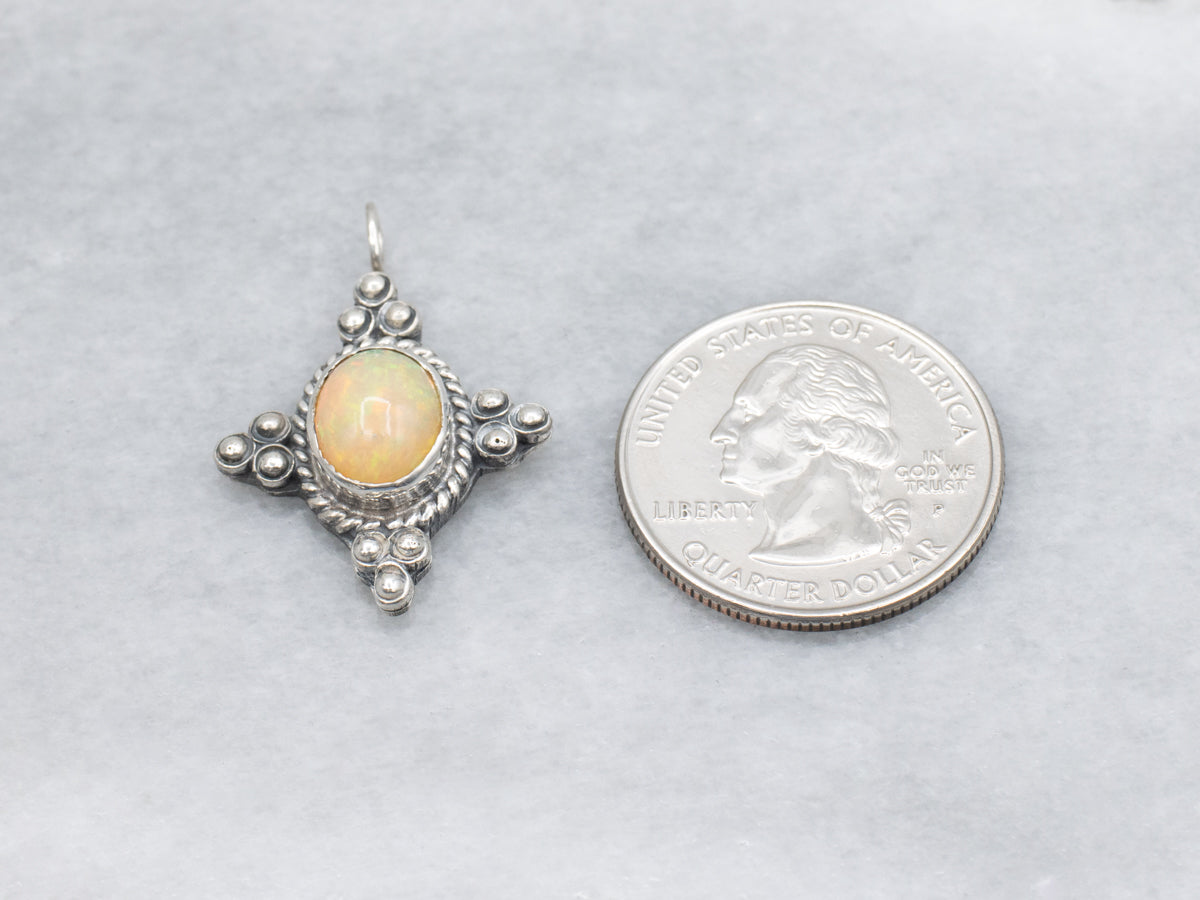Sterling Silver Opal Pendant with Rope Frame and Dot Details