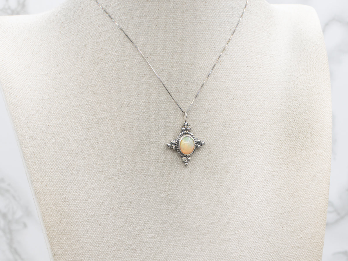 Sterling Silver Opal Pendant with Rope Frame and Dot Details