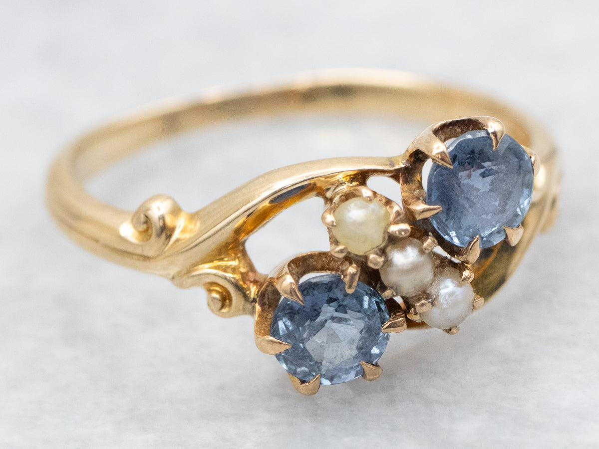 Double Sapphire and Seed Pearl Victorian Ring