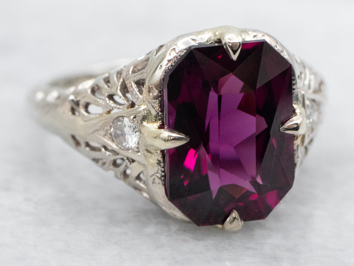 Art Deco Purple Garnet and Diamond Cocktail Ring