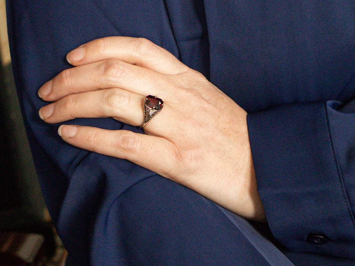 Art Deco Purple Garnet and Diamond Cocktail Ring